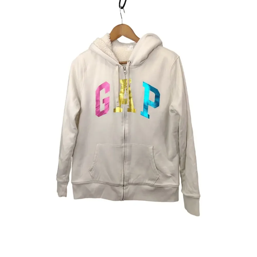 Gap Full Zip Sherpa Lined Hoodie Spell Out Kids Large